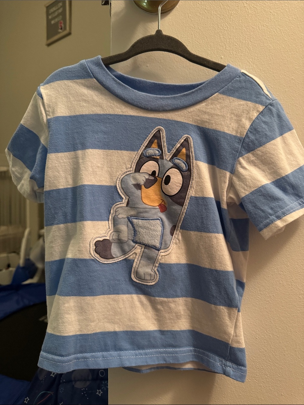 Blue & White Striped Kids Short-Sleeve Tee with Cartoon Patch